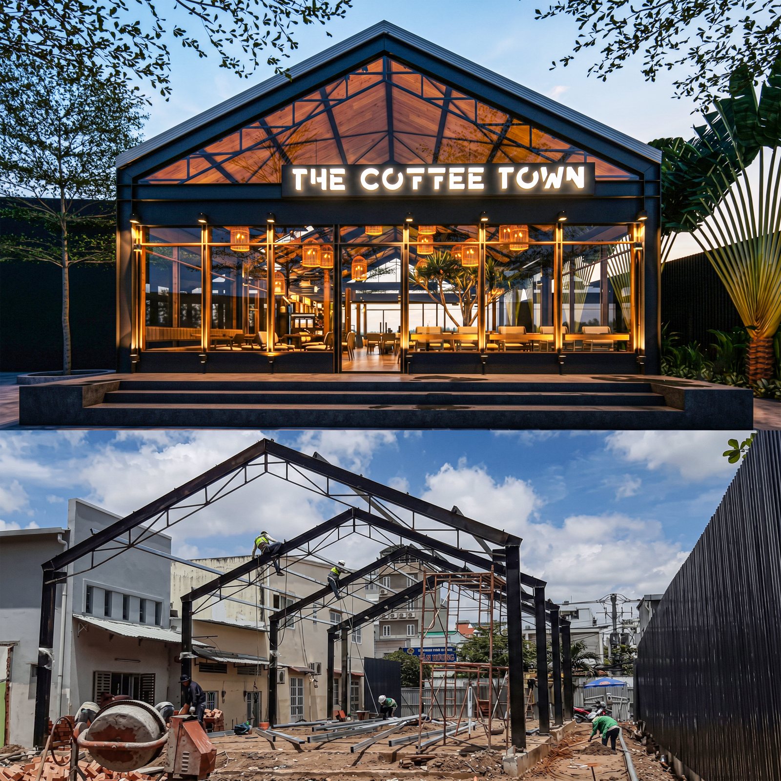 Coffee house exterior shown alongside a construction-stage view