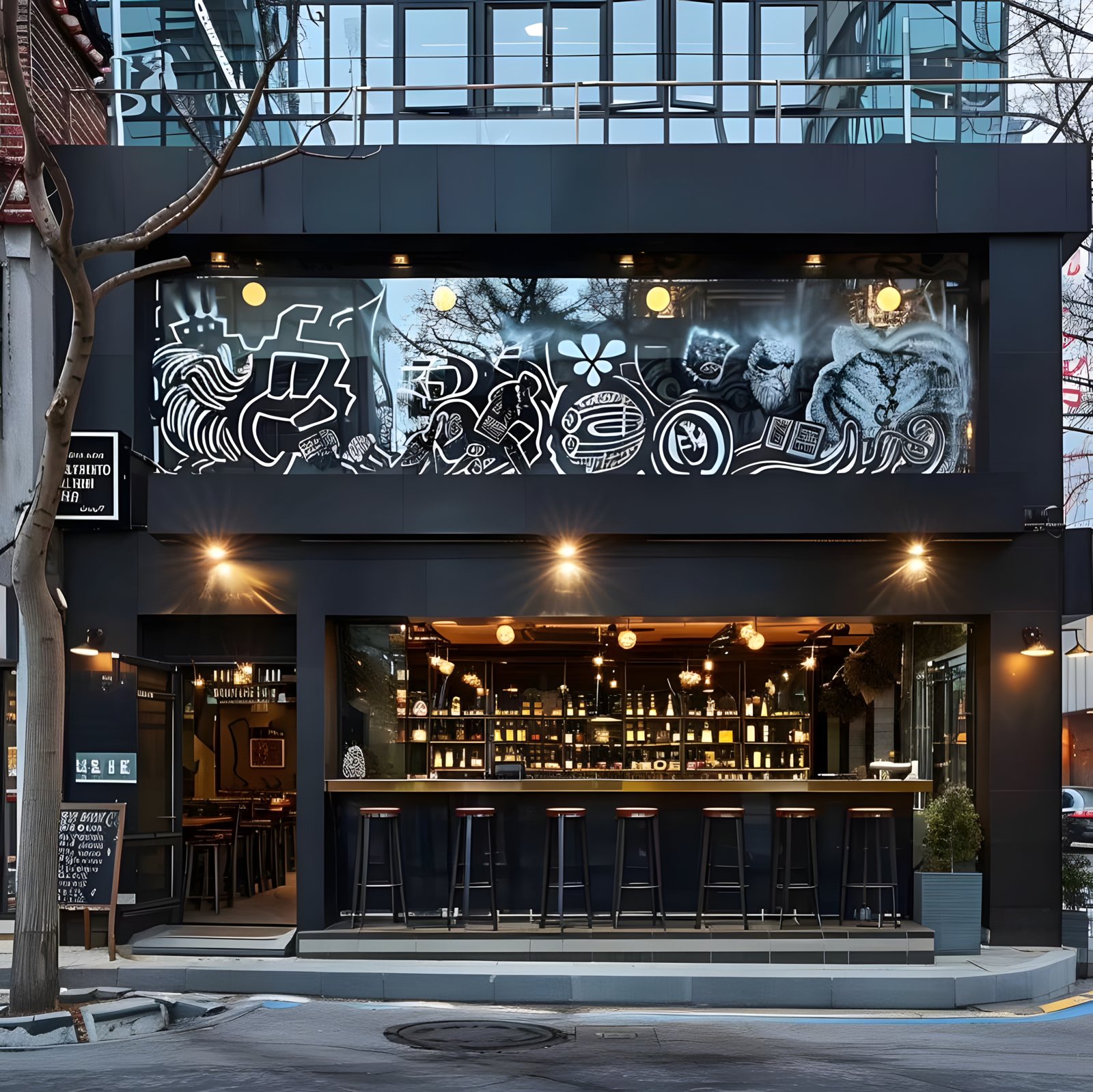 Two-storey bar frontage with open ground-floor seating