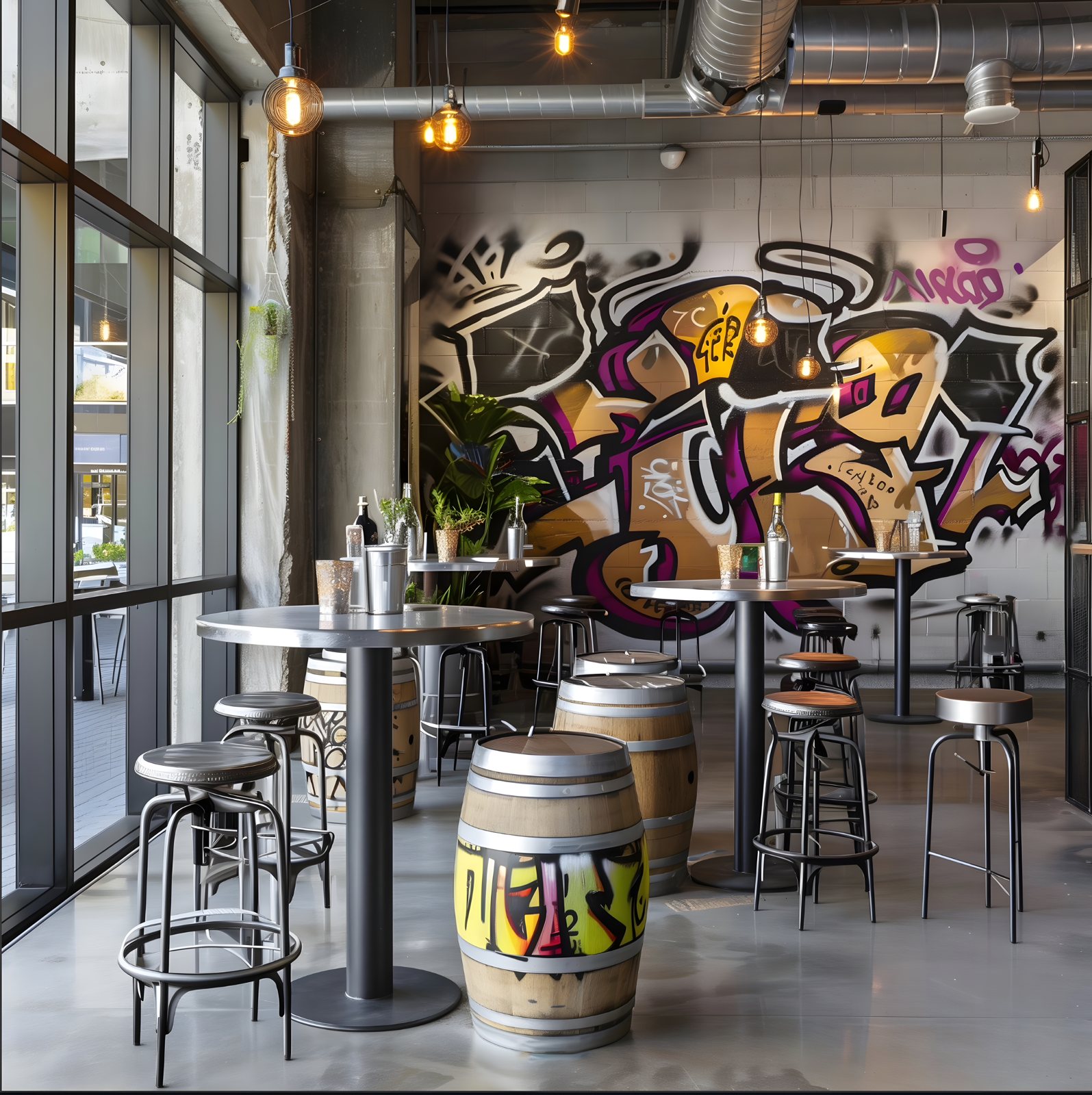 Bar seating with metal stools, window light and a graphic wall