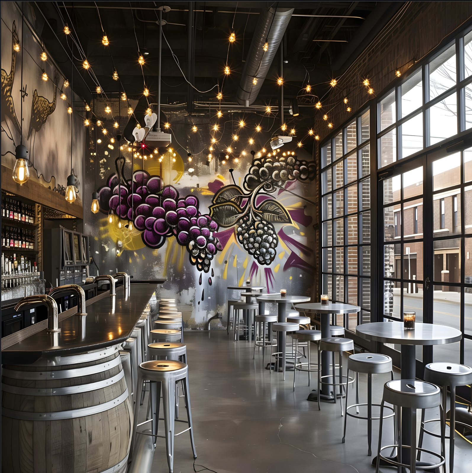 Bar seating by tall windows, pendant lights and a grape wall graphic