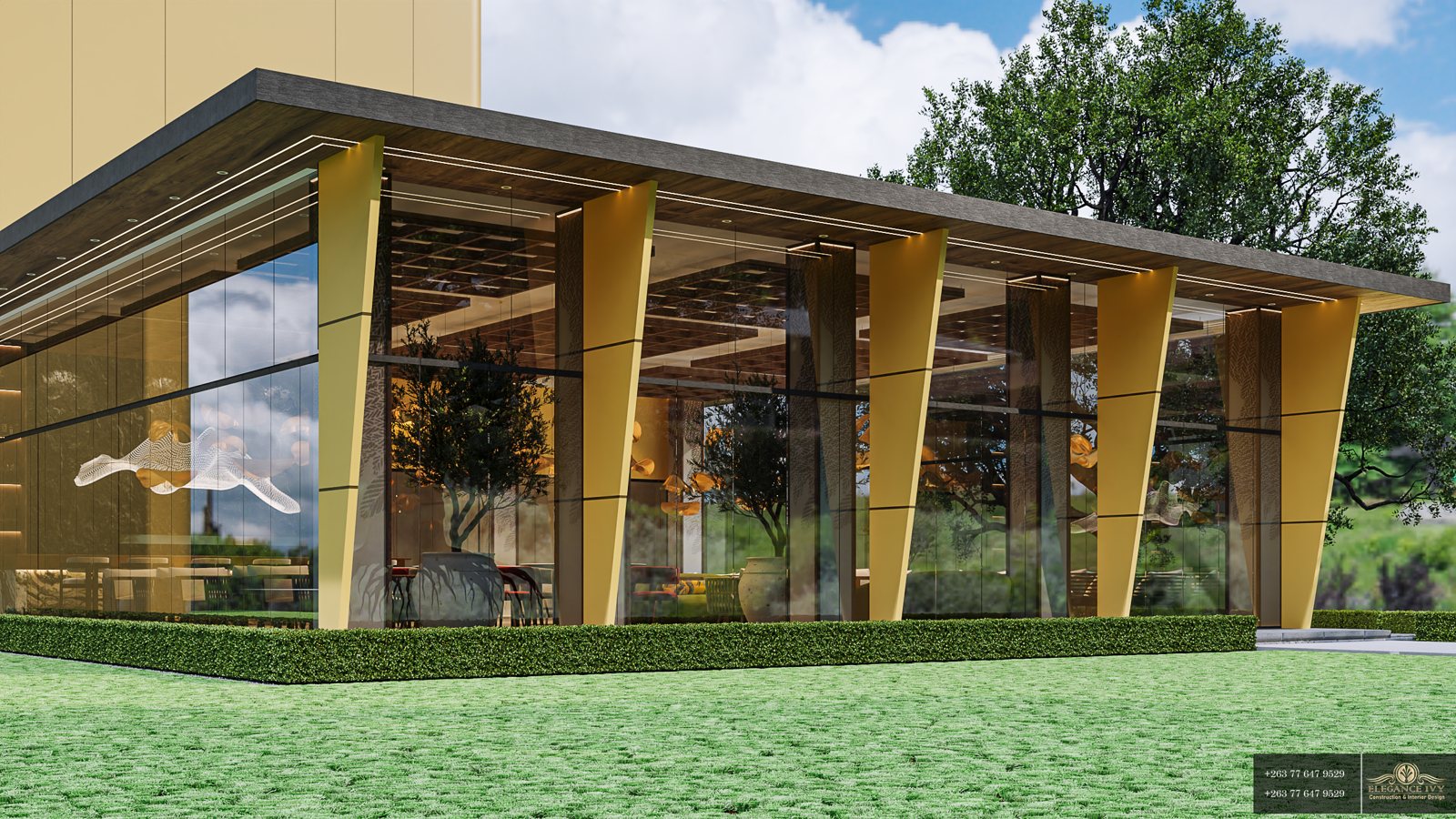 Rainbow Towers, Harare: exterior design visualisation of a glazed pavilion with gold-toned fins and a planted setting