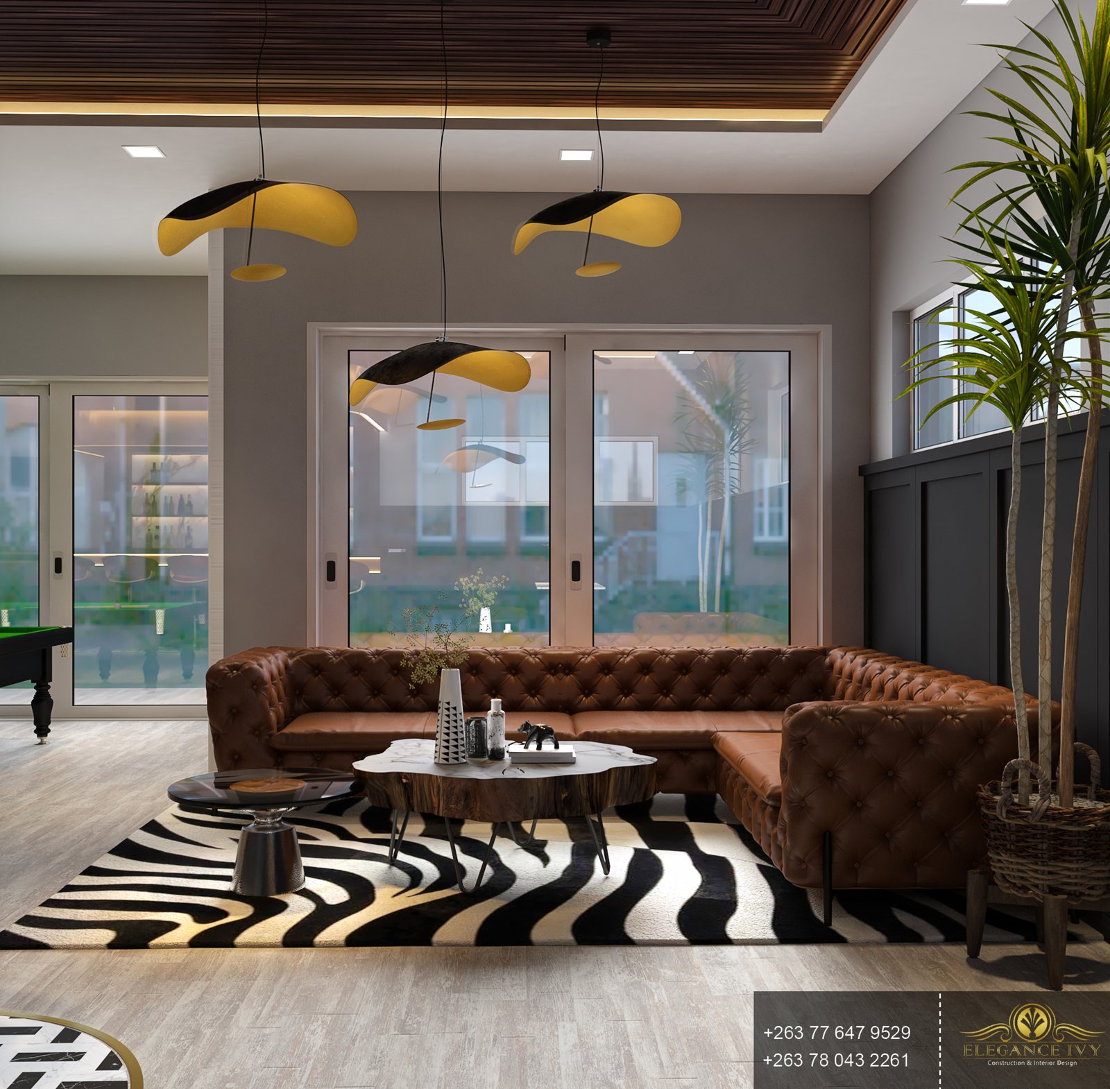 Matopo Bar concept with leather seating, a patterned rug and sculptural pendant lights