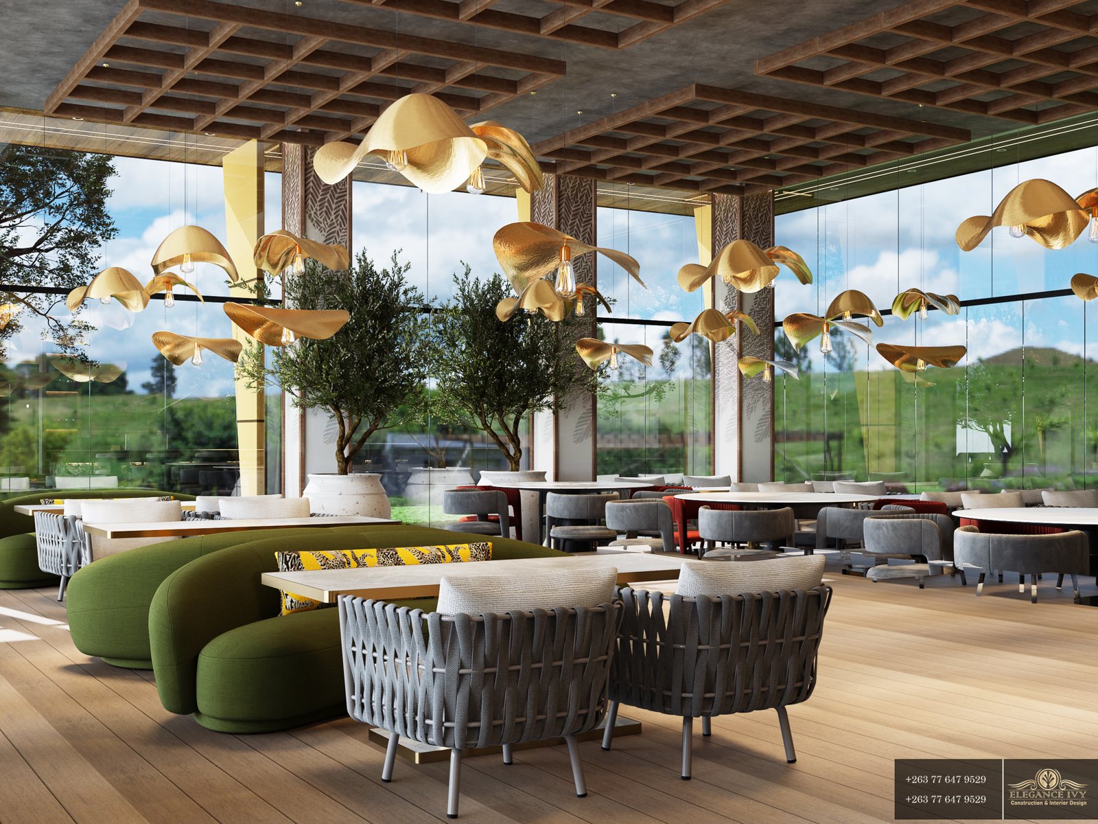 Rainbow Towers terrace concept with round tables, planting and sculptural pendant lighting