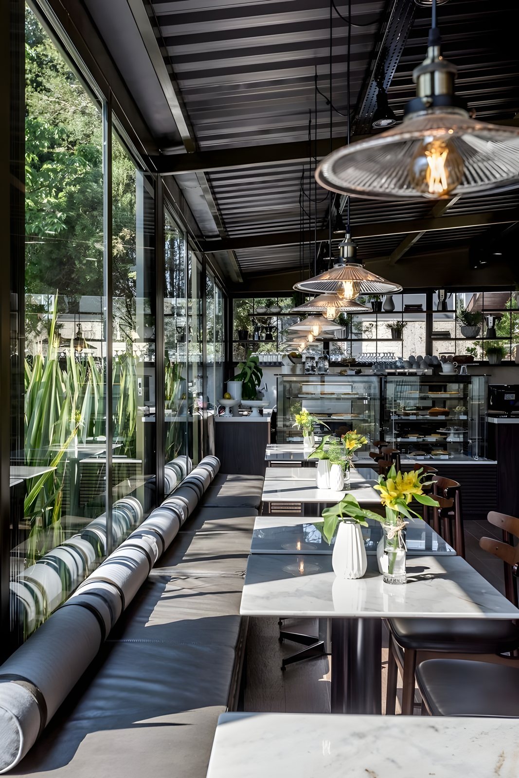 Restaurant seating beside full-height windows with greenery