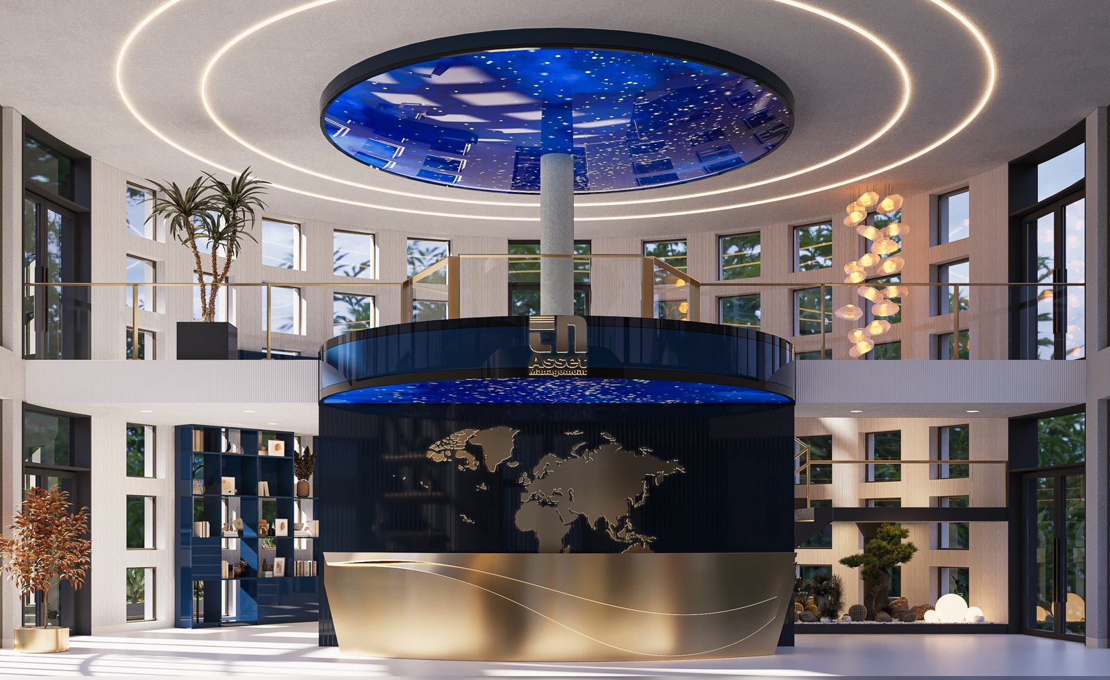 TN reception concept with a curved gold desk, blue feature canopy and circular ceiling lighting
