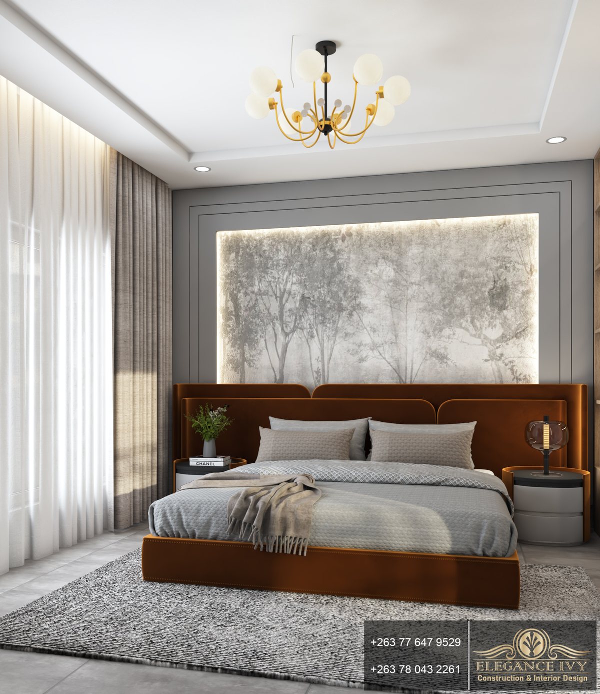 Bedroom design concept with a rust-coloured bed, illuminated wall panel and gold-toned chandelier.