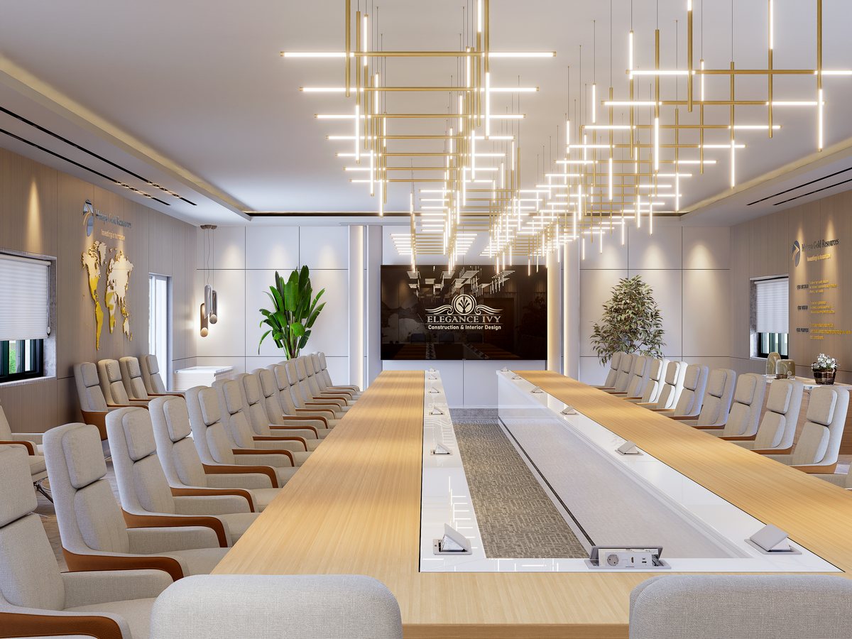 Boardroom design concept with a long U-shaped table, pale chairs and linear pendant lights.