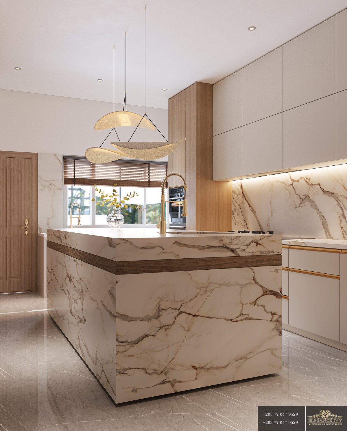 Kitchen design concept with a stone-patterned island, light cabinetry and geometric pendant lights.