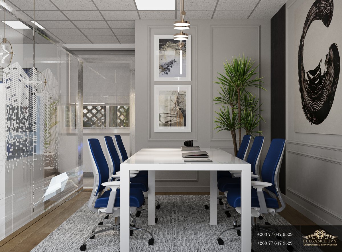 Office meeting-room design concept with blue chairs, a white table and glazed partitions.