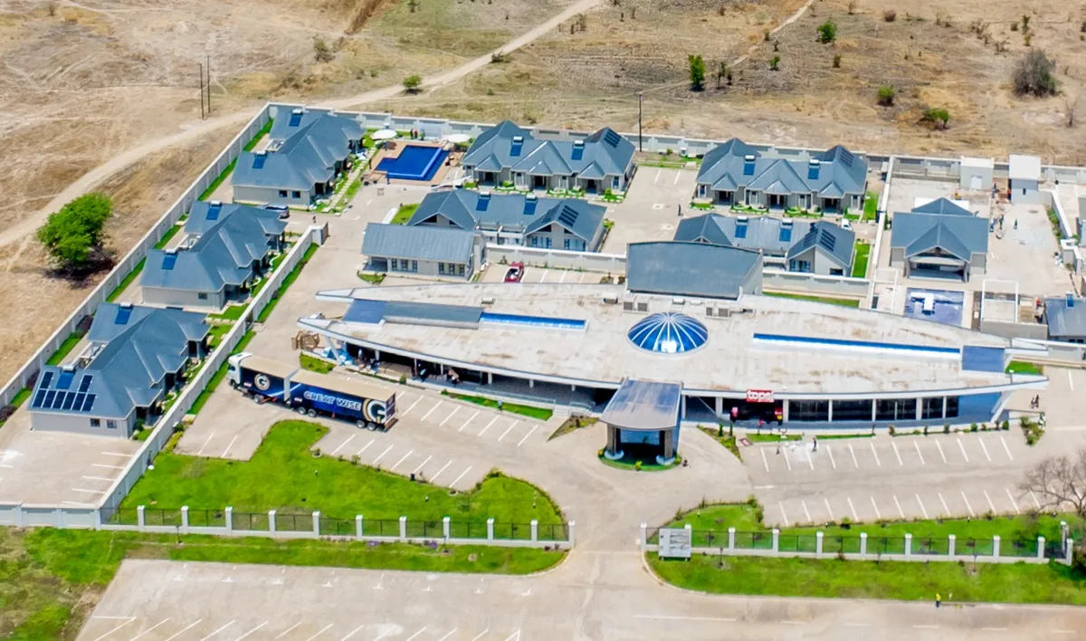 Aerial view of Esfog Lodge in Kadoma, showing the guest accommodation, swimming pool and main building.