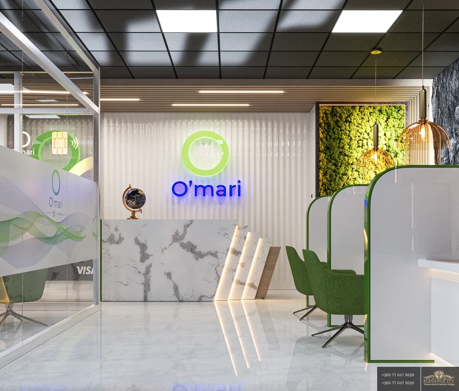 O’Mari reception design concept with green seating, a marble-effect counter and pendant lighting.