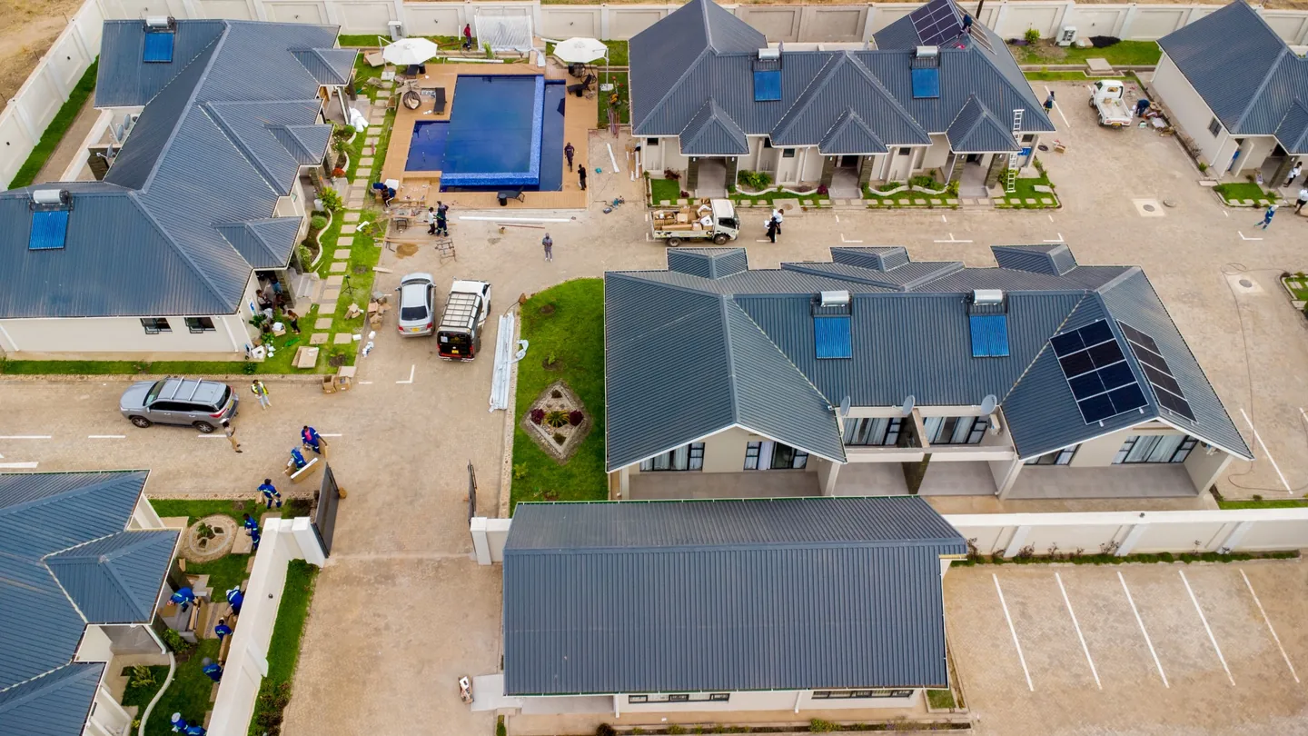 Aerial view of Esfog Lodge buildings, swimming pool and grounds