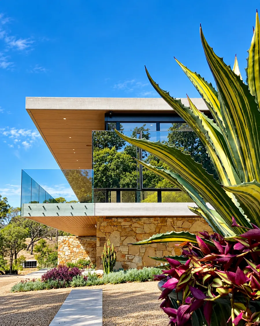 Modern building entrance and facade framed by vibrant architectural planting