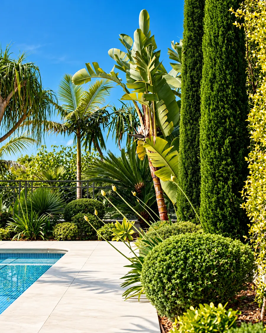 Tropical plants, neatly trimmed shrubs and paved poolside garden