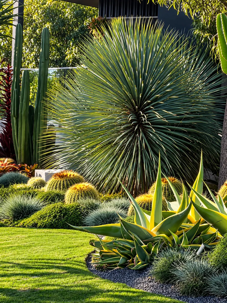 Sculptural yucca, agave and cacti in a landscaped garden