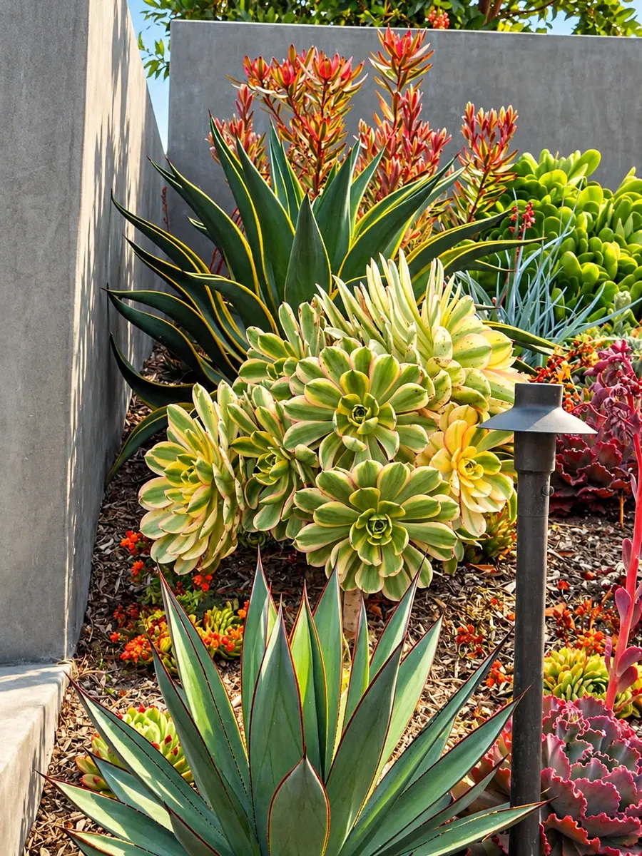 Close-up arrangement of succulents and flowering plants in a landscaped garden
