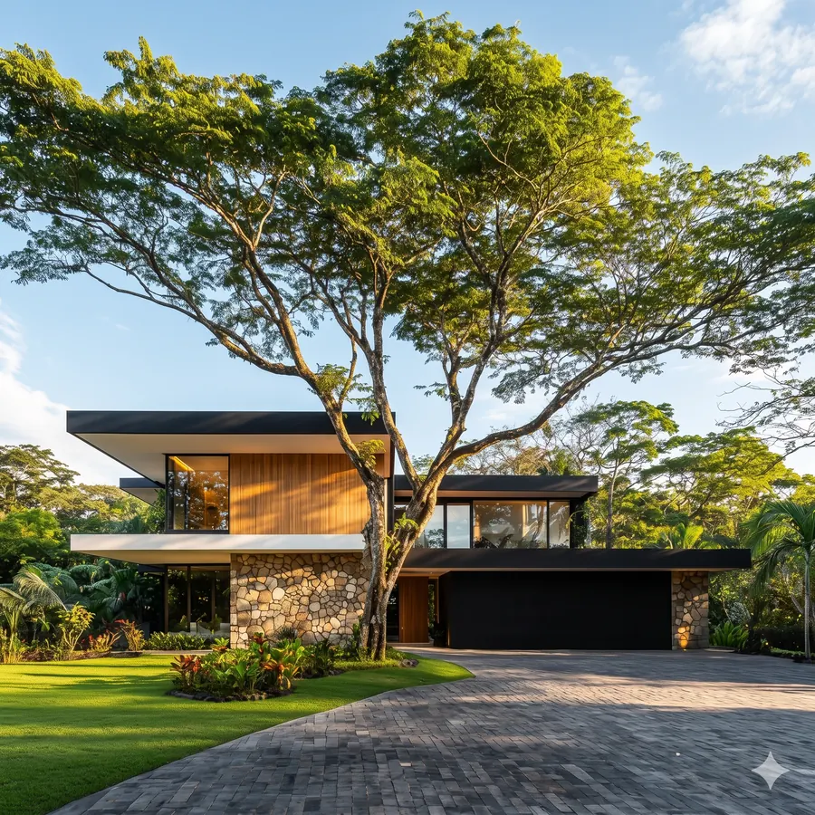 Modern residence framed by mature trees and a paved driveway