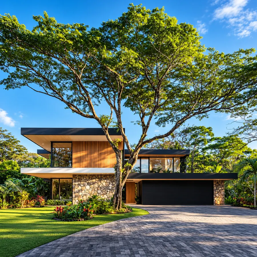 Contemporary two-storey home with stone, timber and a broad shade tree