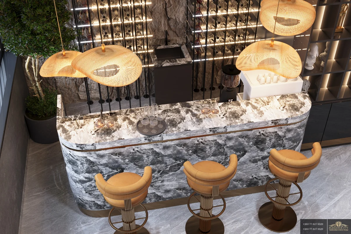 Old Mutual Staff Bar curved marble bar with suspended woven lighting — Design visualisation