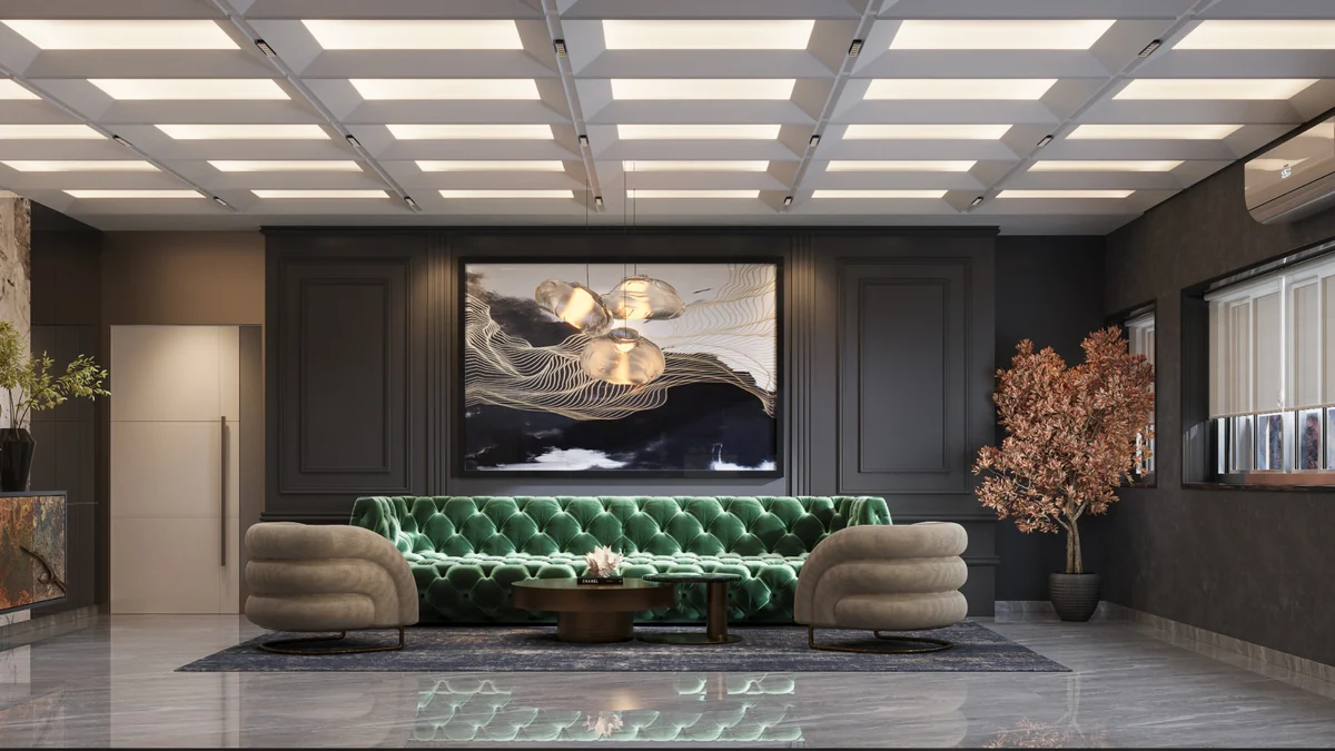 Old Mutual Staff Bar lounge with green tufted sofa and coffered ceiling — Design visualisation