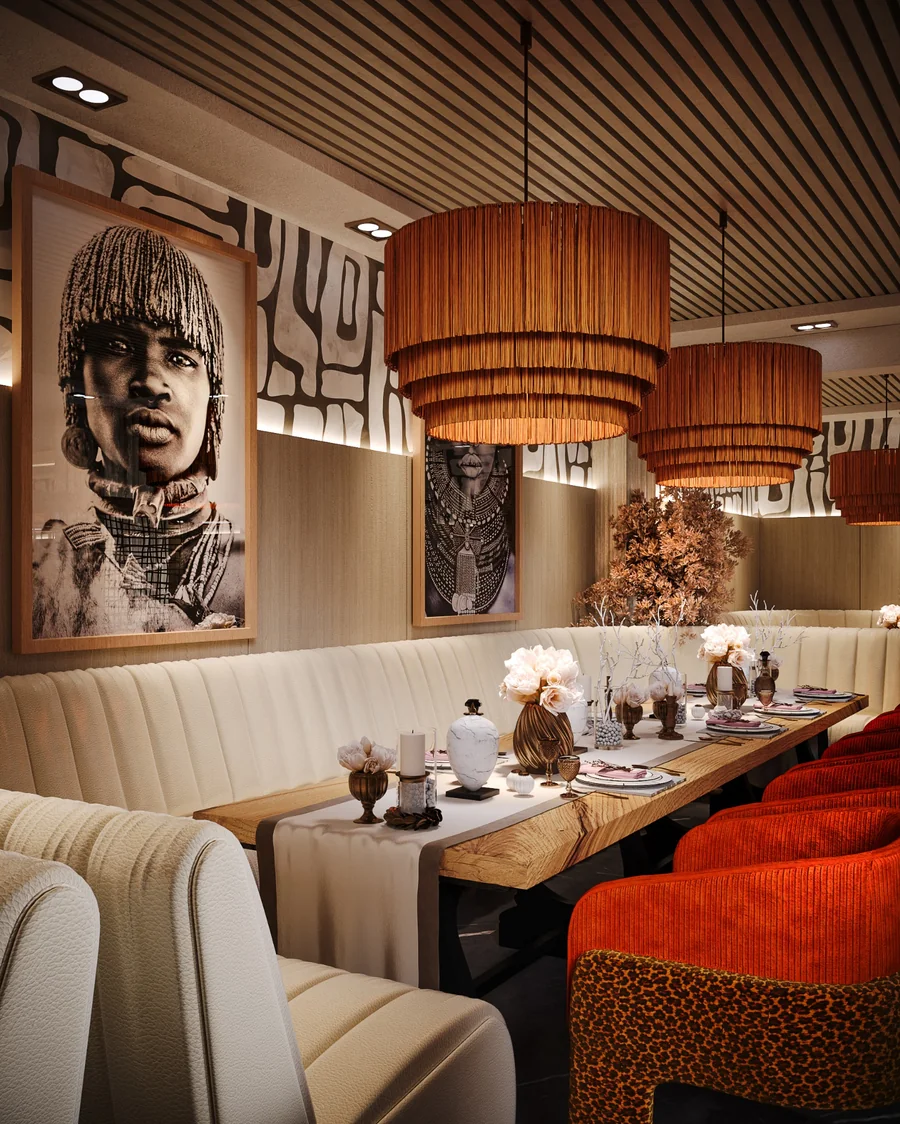 Corporate hospitality and dining interior visualisation with warm wood lighting and upholstered seating