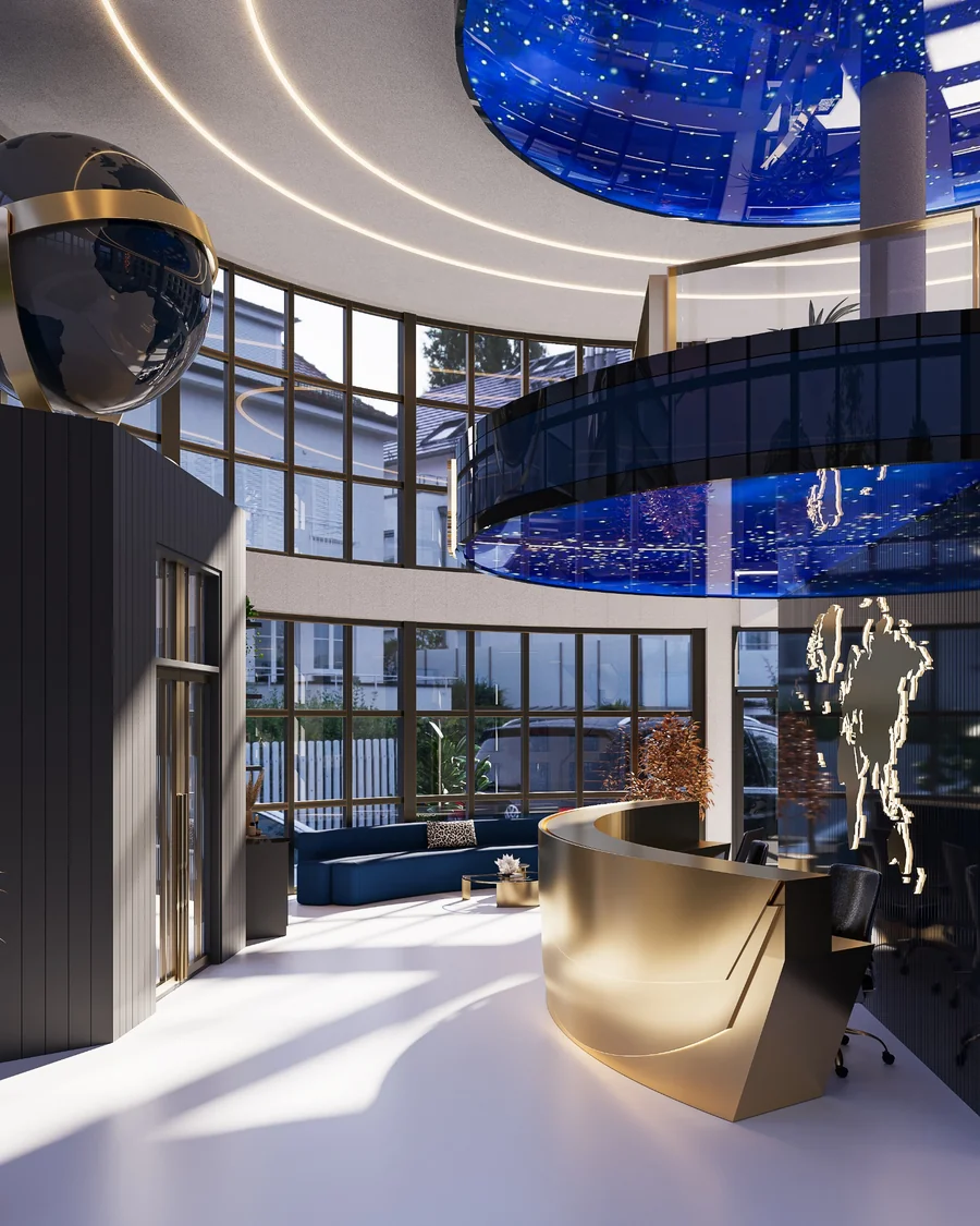 Contemporary corporate atrium visualisation with sculptural reception desk and blue-glass feature ceiling