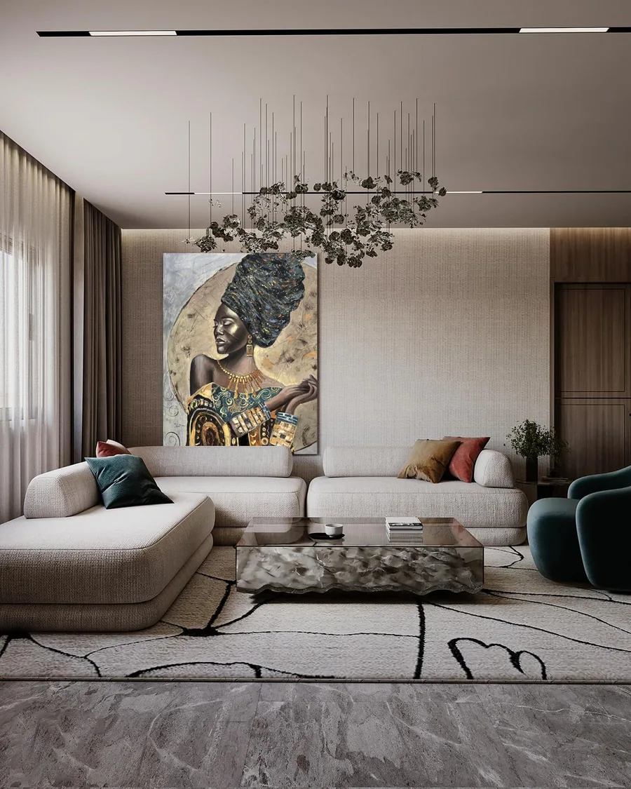 Living room with a cream sectional sofa, portrait artwork, suspended decorative lighting and a stone coffee table.