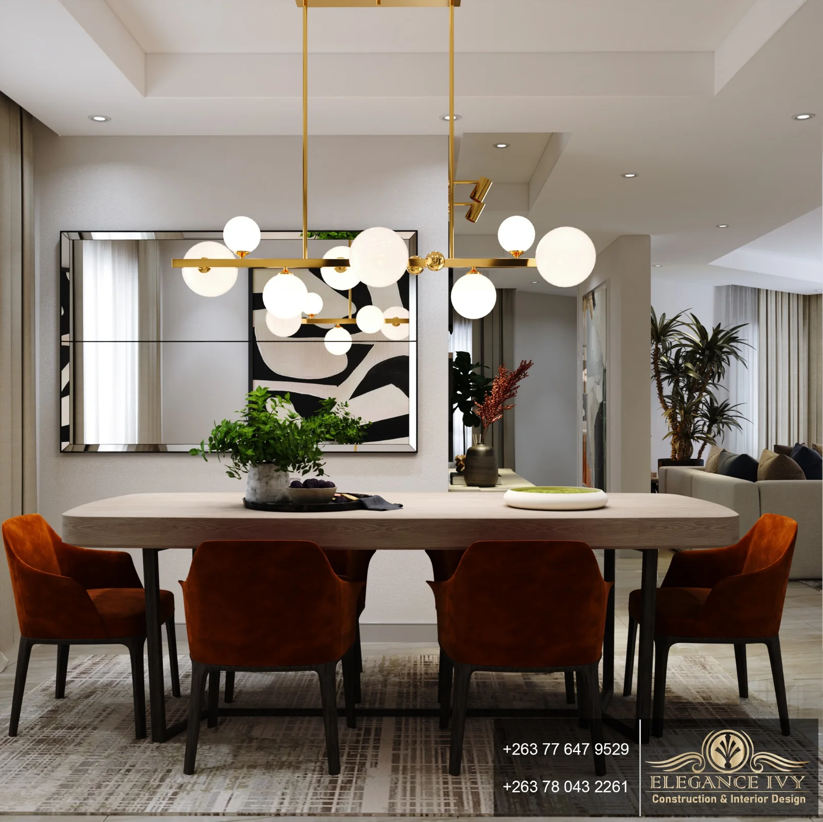 Tynwald Residence, Harare: dining room design visualisation with rust-coloured chairs, a mirrored wall and brass globe lighting.