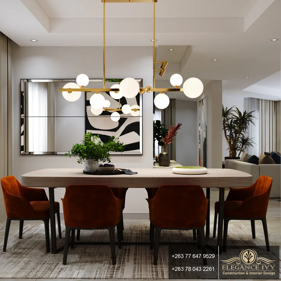 Tynwald Residence, Harare: dining room design visualisation with rust-coloured chairs, a mirrored wall and brass globe lighting.