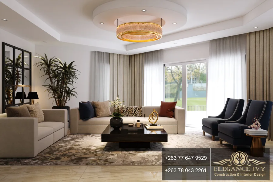 Tynwald Residence, Harare: living room design visualisation with cream sofas, blue armchairs, full-height curtains and statement ceiling lighting.