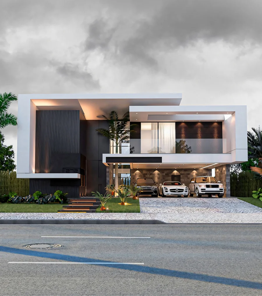 Two-storey residential exterior design visualisation with a balcony and garage