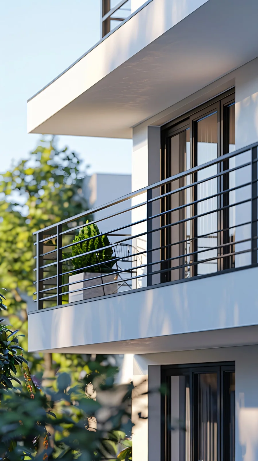 Residential exterior design visualisation with white balconies, dark railings and garden planting