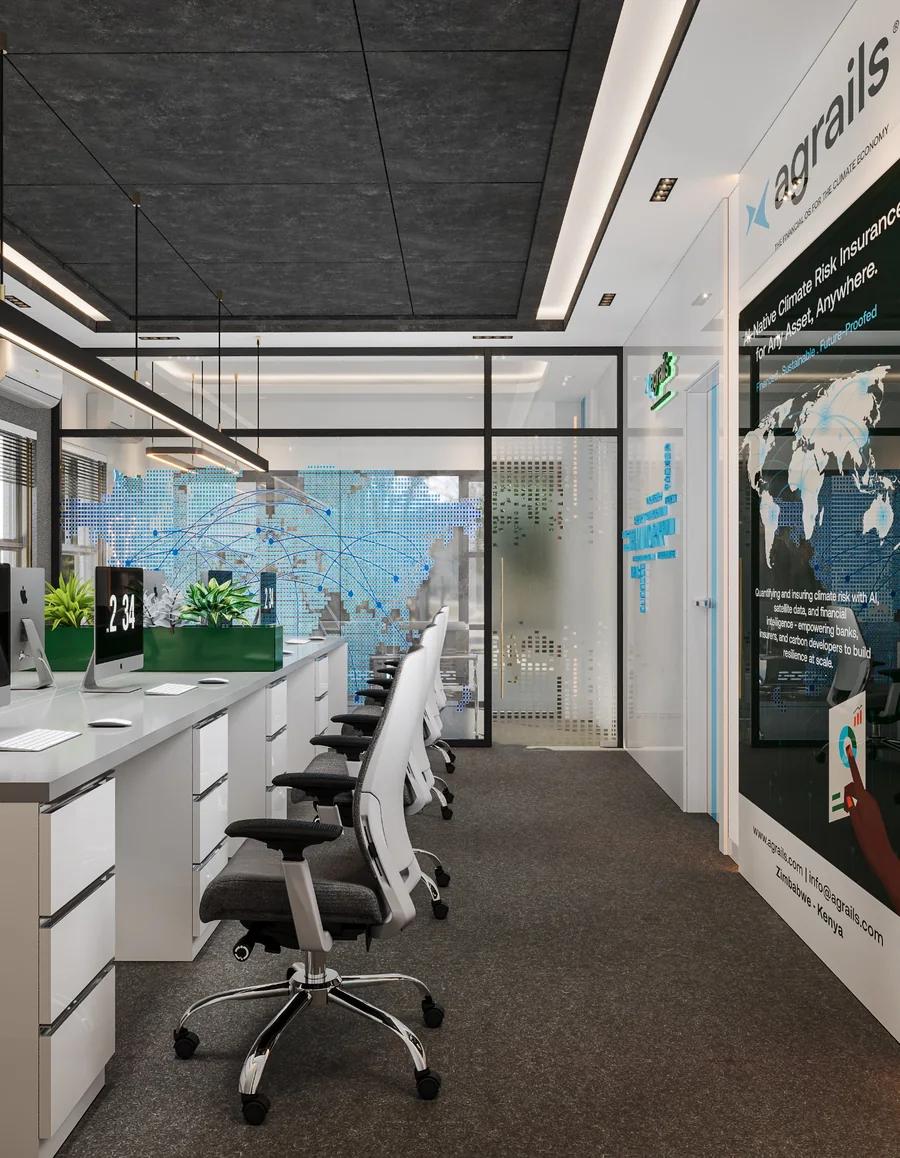 Workspace design visualisation with shared desks and glazed meeting rooms
