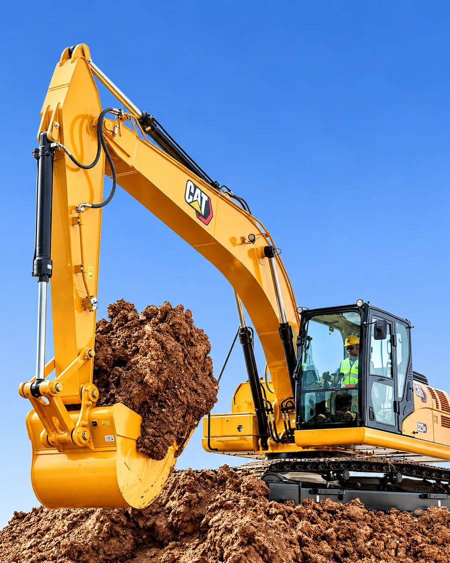 Yellow tracked excavator lifting soil against a clear blue sky