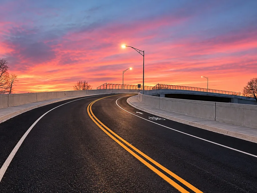 Elevated roadway and street lights under a pink and orange sunset