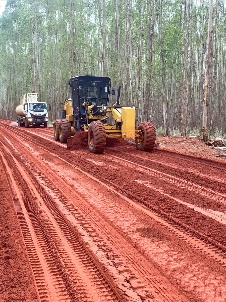 Motor grader preparing a red-soil access road between trees