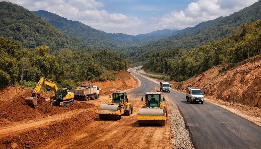 Earthmoving machinery and rollers forming a mountain road beside a surfaced carriageway