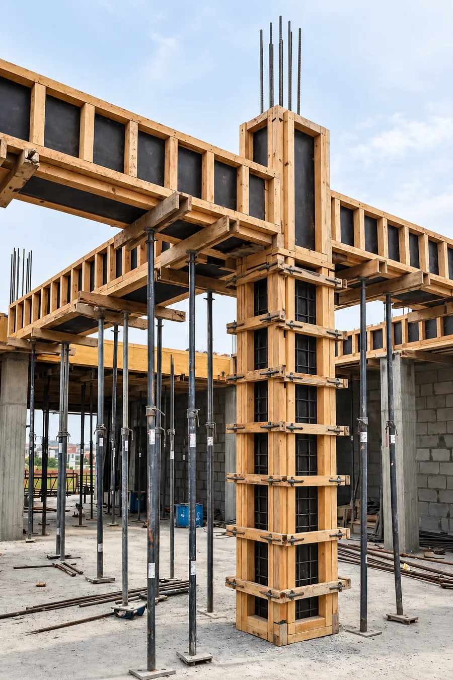 Reinforced concrete columns and beams with timber formwork during construction